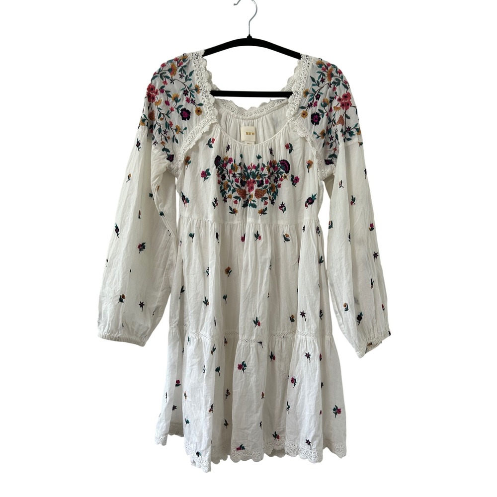 Maeve Embroidered Tiered Mini Dress Women Small White Boho Long Sleeve Lace